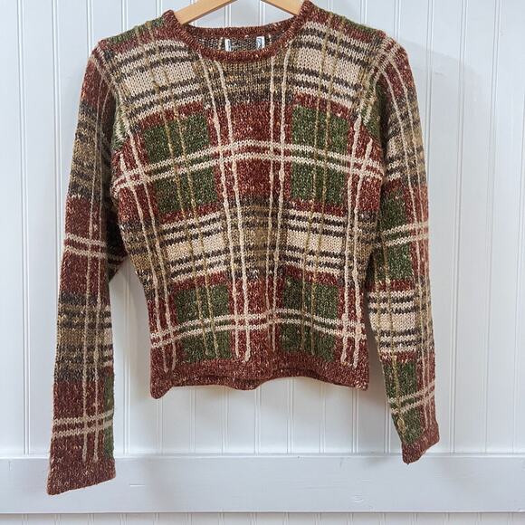 Vintage Plaid Knit Sweater Women's M Cottagecore Academia Earth Tone Warm Cozy - Picture 2 of 8